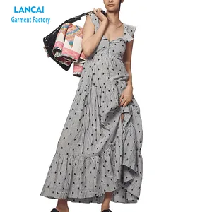 OEM Custom Clothing Women's Maxi Dress Floral Printed Flutter-Sleeve Square Neckline Tiered Dress for Summer