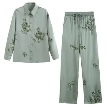 Women's 2025 Spring New Sequin Decorated Loose High Waist Belted Embroidered Trousers