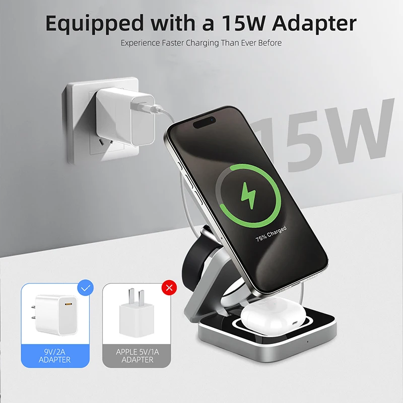 Foldable 15W Fast Magnetic 3 in 1 Wireless Charger Qi Cargador Inalambrico 3 En 1 Portable Wireless Adapter for Smartphone