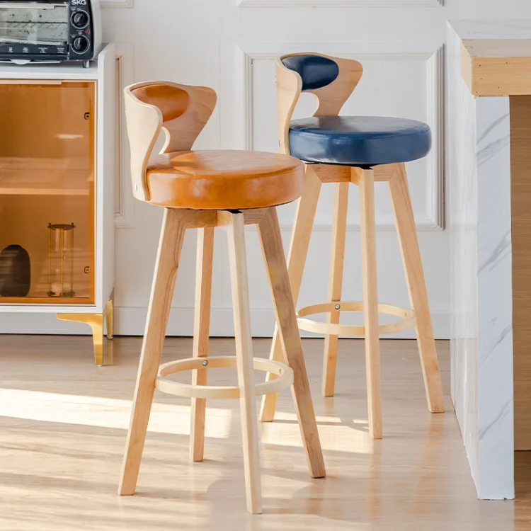 Solid Wood Modern Simple Back Swivel Elegant Stool Kitchen Tall Dining Chairs Italy Wooden and Leather Bar Chair for Bars