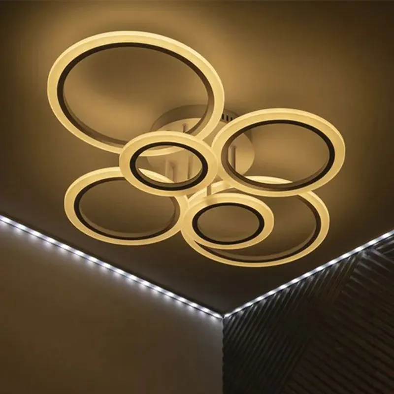Modern LED Acrylic Ceiling Light Chandelier Dimming Ring Pendant Lamp Remote Control Wood Indoor Lighting Fixture for Bedroom