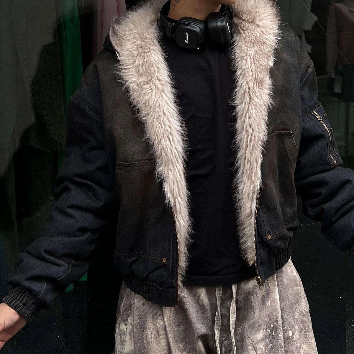 Salati Mens Winter Loose American Trendy Brand Denim Cotton-padded With a Fur Collar and a Hood, Featuring Pocket Decorations gallery 4
