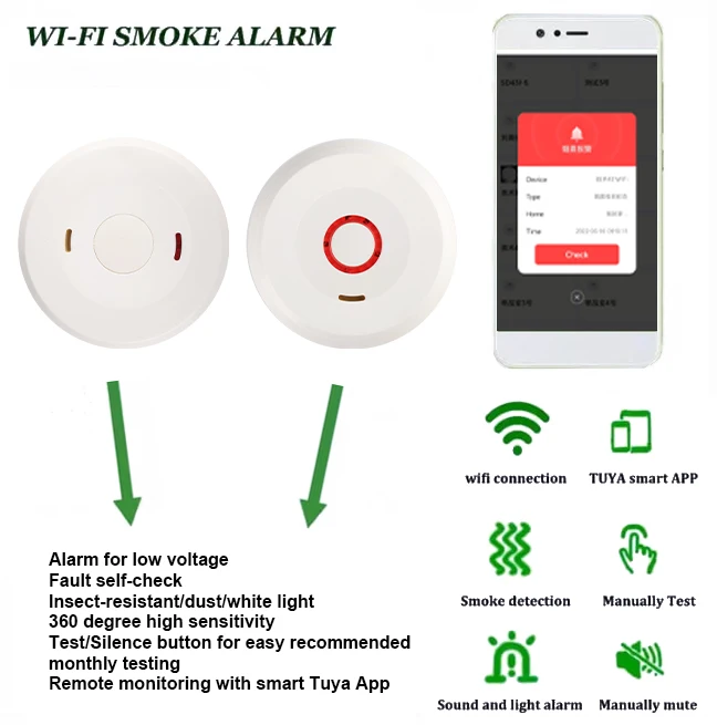 Détecteur de fumée Intelligent WiFi, capteur de détection de fumée,  détecteur de télécommande avec application