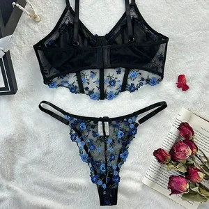 Summer Young Girls Floral Lingerie Hot Transparent Cheap Lingerie Set Sexy Two Piece Bras Panty Brief Sets