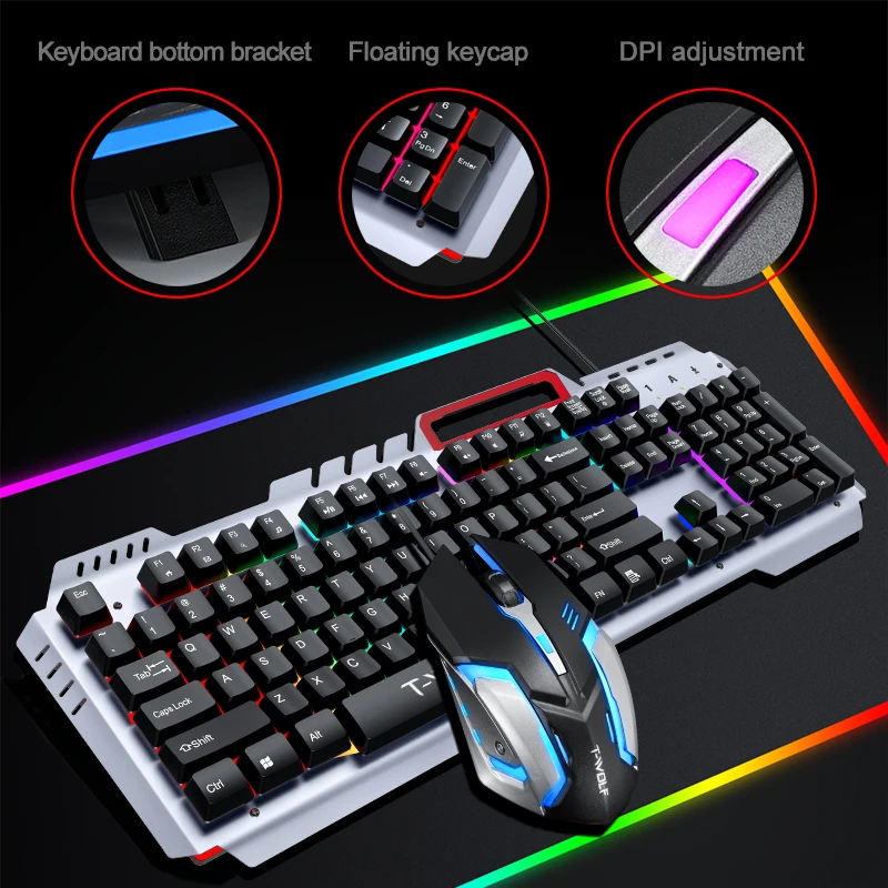 104 Keys Metal Panel Gaming Keyboard and Mouse Set Wired Mechanical Keyboard RGB Backlight Computer Game Keyboard Mouse Combos