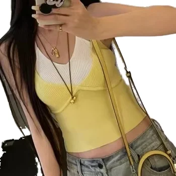 2025 Hot Girl Style Slim-Fit Color-Blocking Faux Two-Piece V-Neck Sleeveless  Beautiful Back Short Knitted Weaving