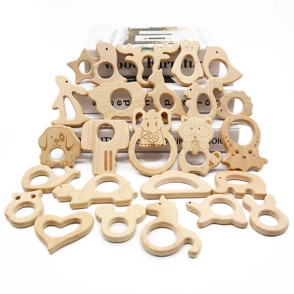 Wholesale Animal Shaped Toddler Wood Teething Custom Natural Beech Beads  Wooden Teethers for Teething Baby Teether