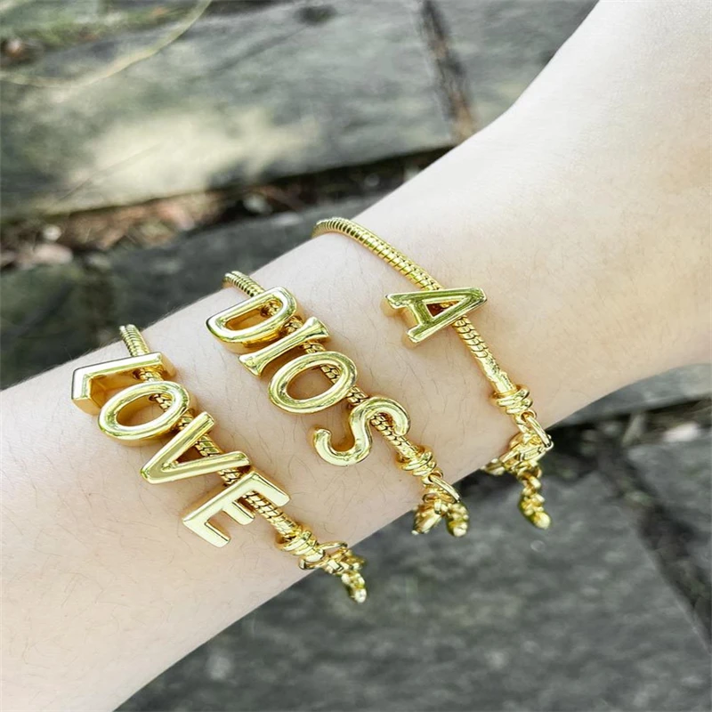 Made 26 Initial Letter Charm Beaded Bracelet Gold Plated LOVE Snake Chain for Women