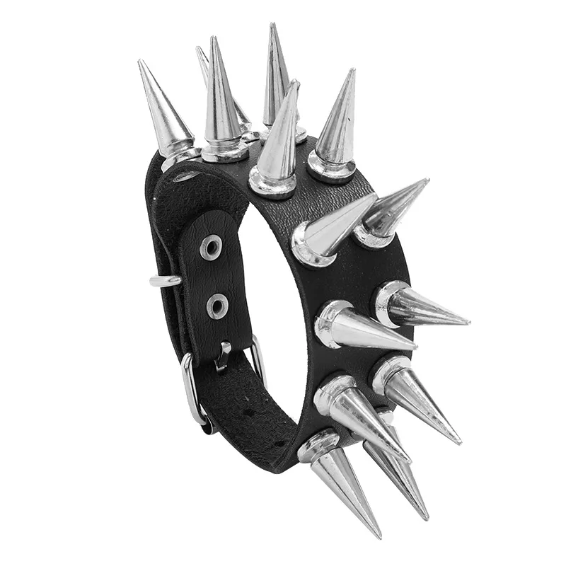 AA017056 Men Punk Black Leather Bracelet with Spikes