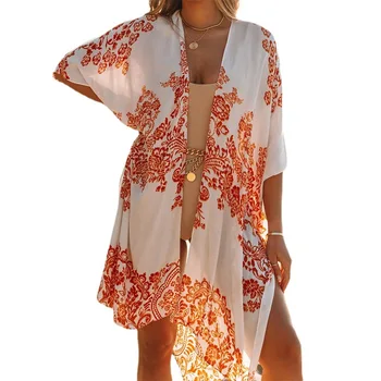 European and American fashion summer new long slit chiffon printed beach sunscreen smock holiday women kimono tops
