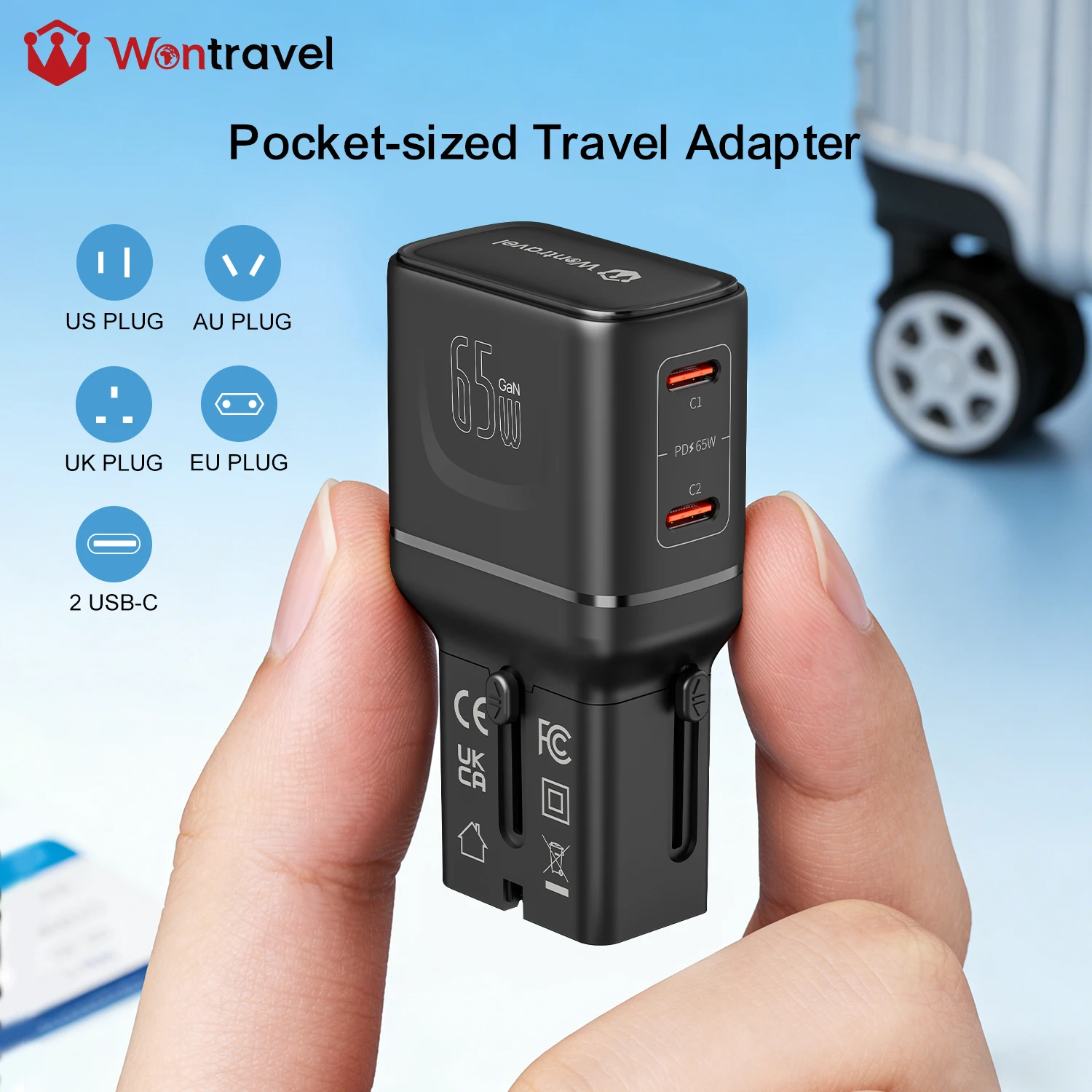 Wontravel Mini Pocket Worldwide Universal Travel Adapter 65W PPS Usb Adapter Charger for Home and Travel