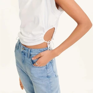 Women's Summer Slim Fit White T-Shirt Breathable Cotton Waist Drawstring with Solid Color Round Neck Fashionable All-Match Style