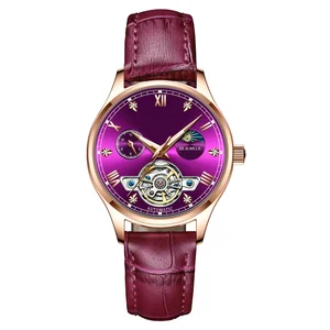 Tourbillon Automatic Mechanical Watch Diamond Rose Gold  with Leather Luxury Watch  Luminous Hands Custom logo for Women