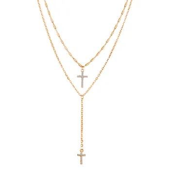 2019 Hot Sale European America Fashion Vintage Simple Double Cross Crystal Sweater Chain Alloy Necklace