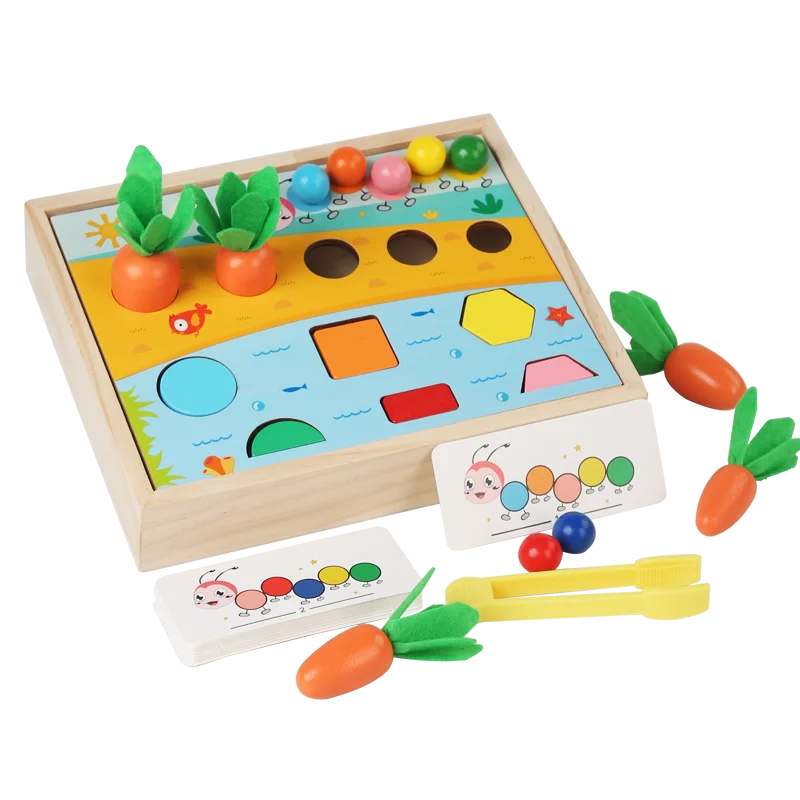 2024 Produk Baru Mainan Manik-manik Klip Pasangan Lobak Kayu Kartu Kognisi Warna Mainan Pendidikan Montessori untuk Anak-anak Laki-laki Perempuan
