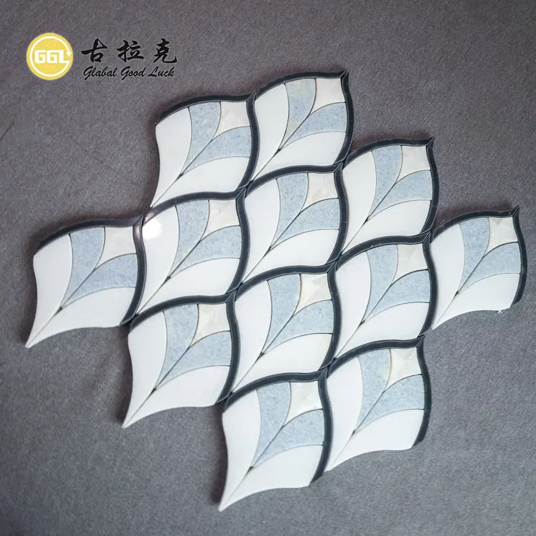 Fan Shape Marble Inlay Shell Pattern Waterjet Mosaic For Background Floor Tiles factory