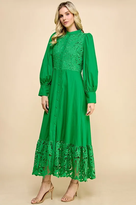Elegant Ladies Casual Crocheted Long Dress With Lace Sweet Style And Button Decoration Washable Woven Fabric - Image 4