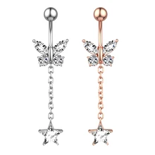 Fashion Sexy Stainless Steel Body Jewelry Butterfly Chain Barbell Ring Pentagram Zircon Inlay for Wedding Belly Button Navel