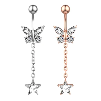 Stainless Steel Body Jewelry Sexy Butterfly Chain Barbell Ring Pentagram Zircon Inlay for Wedding Belly Button Navel Great Gift
