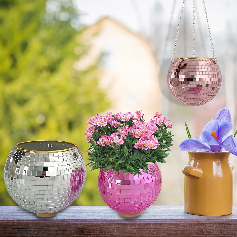 Handmade Diy Disco Mirror Ball Planter Pot Reflective Flower Pot Plant