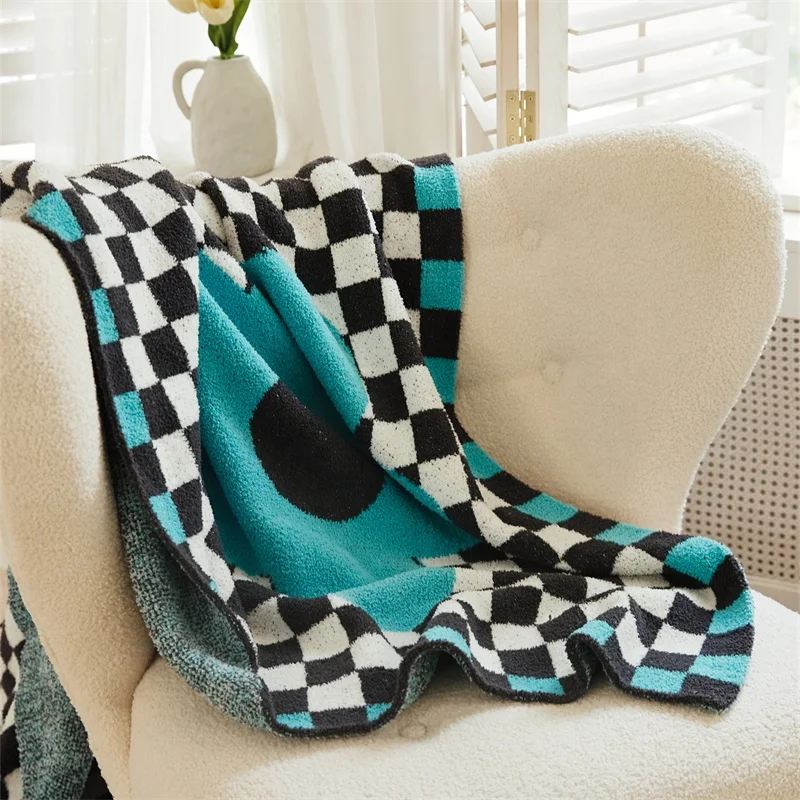 Flower wavy 100% polyester yarn  knitted checkerboard  throw blanket for home decoration  AS factory