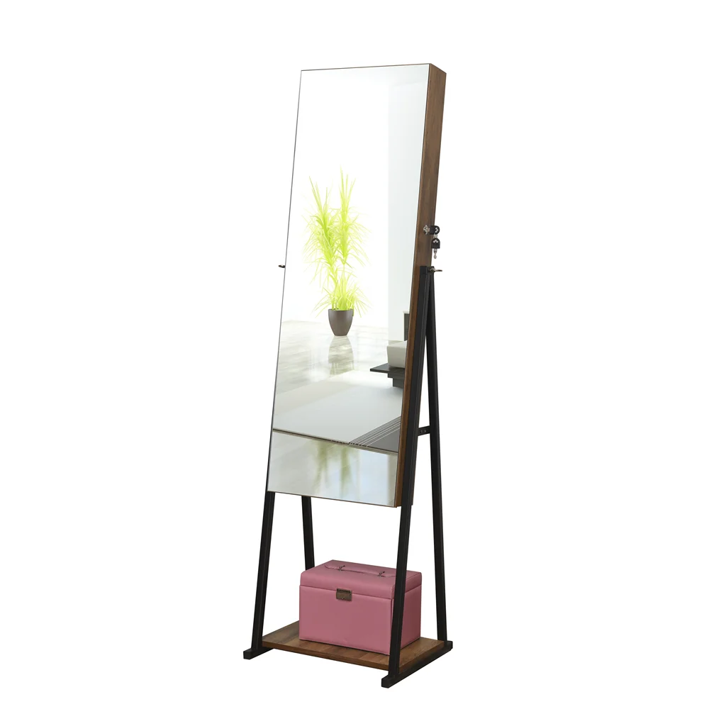 Стоячее зеркало с открытой полкой для хранения ювелирных изделий полноразмерное железные ножки простая базовая функция деревенский коричневый