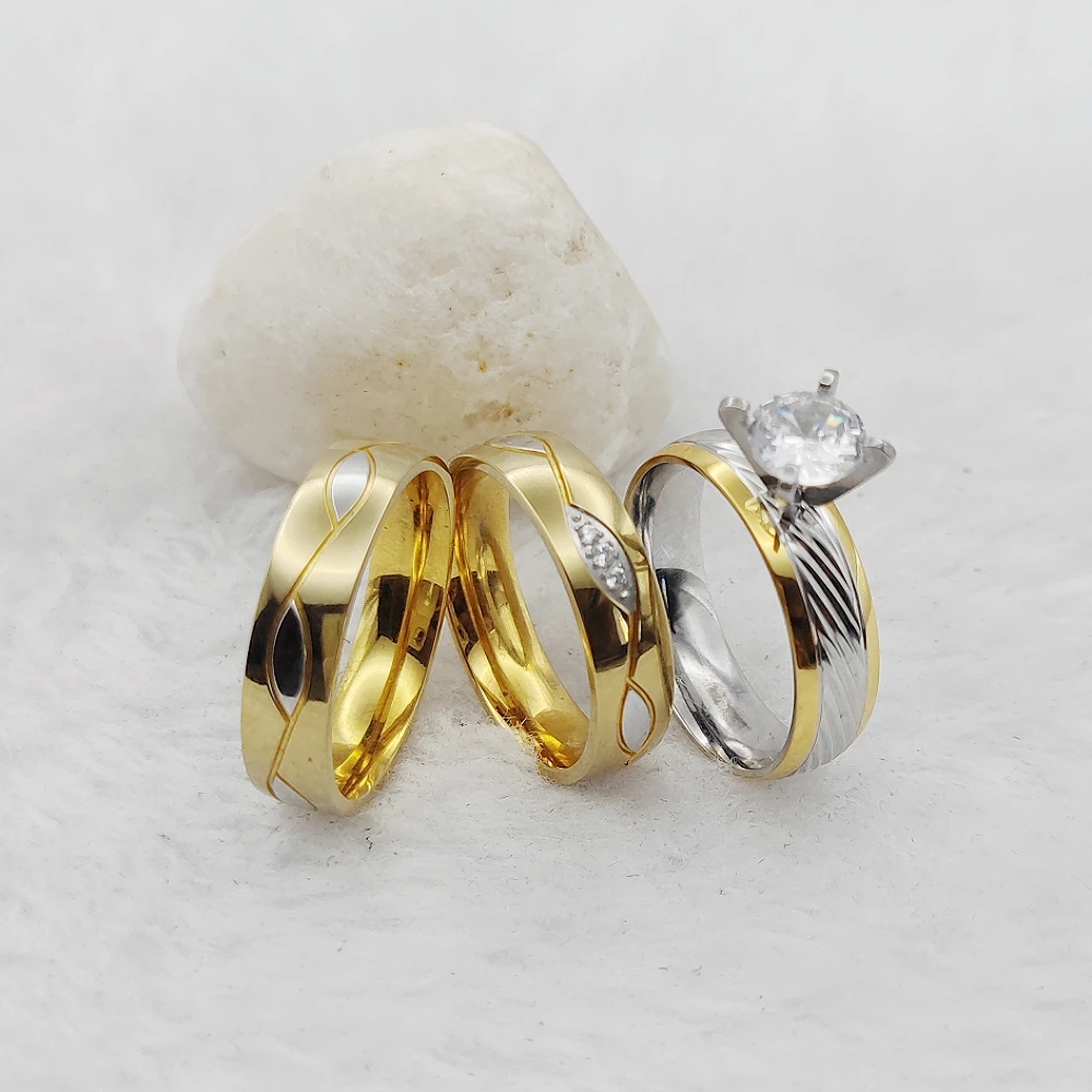 Original Designer Jewellery Handmade 3pcs His and Hers Wedding Engagement  Ring Golden Titanium Cubic Zirconia Rings Couples