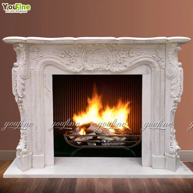 YouFine Hand Carved Natural White Marble Fireplace Mantel Arched French Style Figured Statue Fireplace Surround Luxury Decor