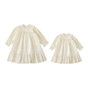 New Arrival Autumn Bohemian Style Pure Cotton Dresses Beige Hollow-out Garment Girls High Quality Wholesale Kids Girls Dress