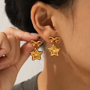 MW Cute 18K Gold Plated Spraying Pendant Stainless Steel Earrings Trendy Five Pointed Star Bowknot Drop Earrings Party Women's