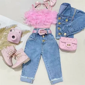 2024 Summer Autumn Clothes Set Baby Girls Halter T Shirt Denim Pants 2pcs Outfit Fashion Girls Hot Sell Clothes