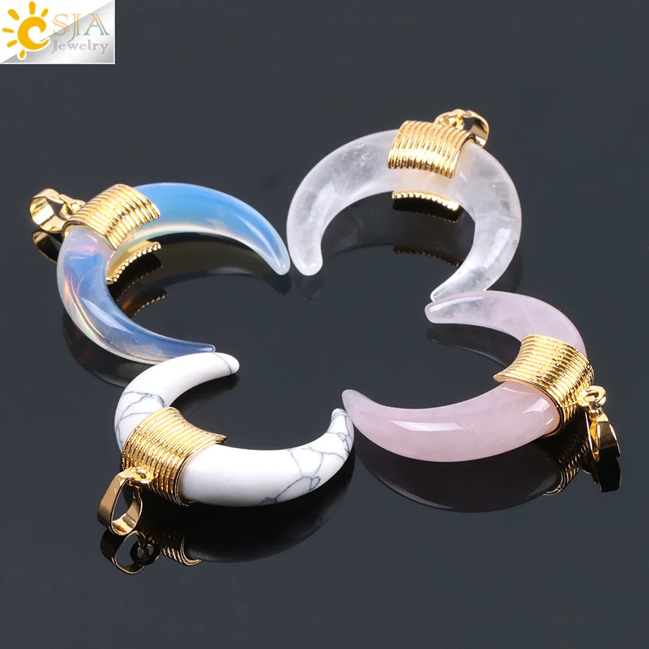 CSJA Natural Stone Horn Crescent Moon Pendant Jewelry Reiki Healing Crystal Charm for Jewelry Making F064