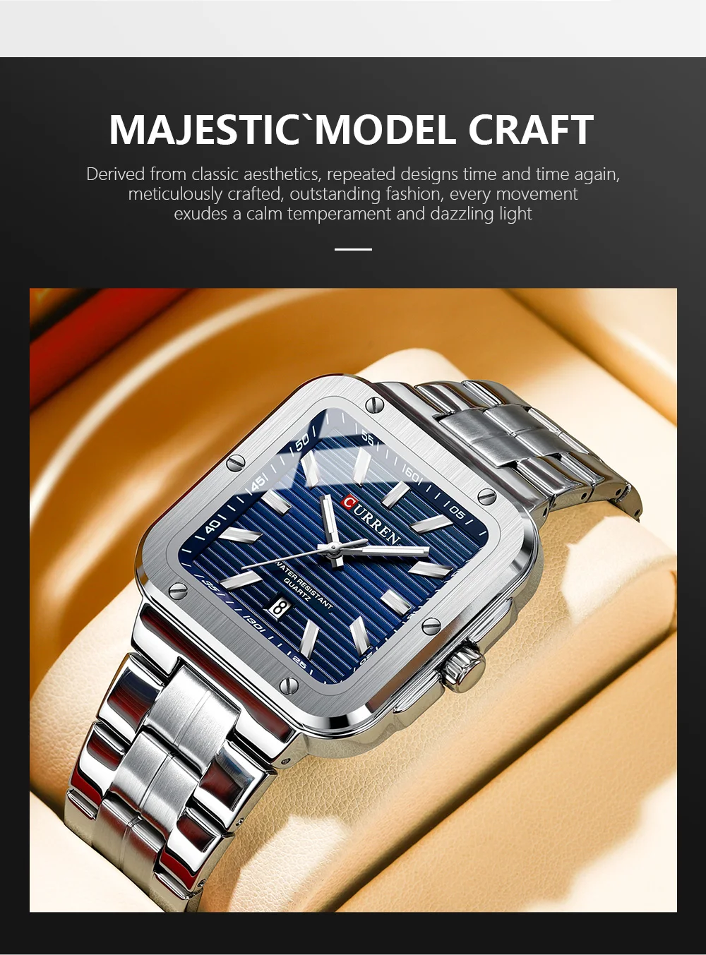 CURREN 8479 Luxury New Model Wrist Watch Quartz Waterproof Square Stainless Steel Strap Luminous Hands Business Watches for Men