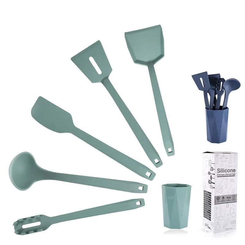 Utensílios de Cozinha em Silicone Personalizados por Atacado – Conjunto de Utensílios de Cozinha em Silicone, Virador, Espátula, Concha e Colher para Espaguete com Suporte