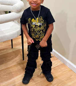 Custom Logo Two-Piece Set Print T Shirts Streetwear T-Shirt and Acid Wash Patchwork Ragged Denim Jeans Boys Clothing Sets