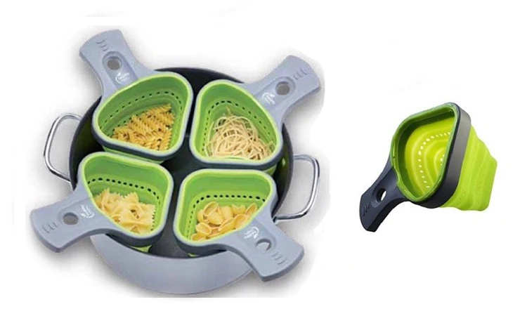 Durable Silicone Pot Strainer Heat Resistance Kitchen Gizmo Pasta Strainer Collapsible Triangular Strainer Basket With Handle