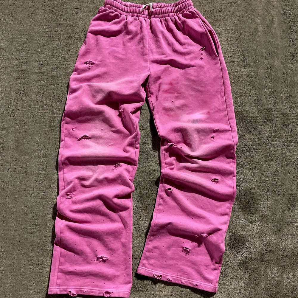 New Arrival Distressed Vintage Washed Track Jogger Pants Custom Rhinestone Men Heavyweight Cotton Wide Leg Sweatpants