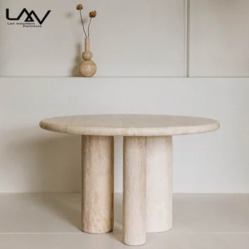 Professional Customized Natural Vintage Beige Travertine Round Dining Table Stone Patio Table with 3 Round Legs