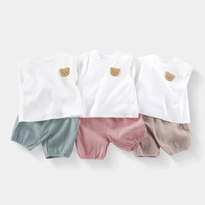 Muslin Baby Clothes Summer Outfit Color Block Vest Shorts Two-Piece Baby Clothing Sets