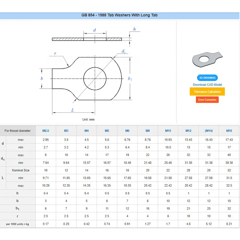 M4 M6 M8 M12 M14 Carbon Steel Tab Lock Washers With One Long Tab Gb854