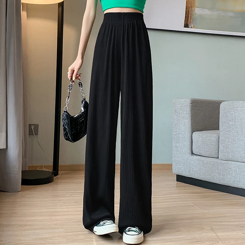 Women's Summer Ice Silk Chiffon Wide-Leg Pants High Waist Loose Straight  Mop Pants with Elastic Waist Closure Casual Style
