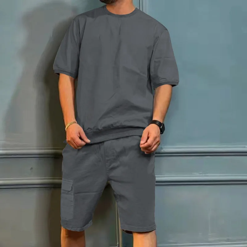 Wholesale Mens Tracksuit Solid Color Crew Neck Short Sleeve Shorts Joggers Plus Size men's sets766_voghion.com