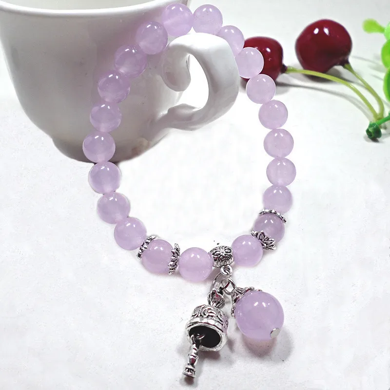 8 MM Light Purple Crystal Bracelet for Women Vintage Silver Alloy Vajra Bell Charm Beaded Bracelet