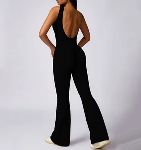 Women Playsuit Backless v Cut  Scrunch Flare Pants One Piece Gym Workout Clothing Activewear Yoga Fitness Jumpsuit