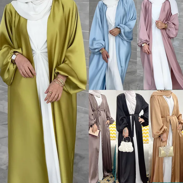 Wholesale Ramadan Eid Fashion Puff Sleeve Open Cardigan Colorful Elegant Kimono Silky Satin Abaya Women Dress