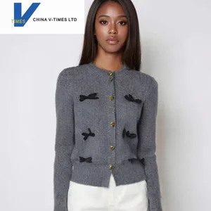 China V-times 2026 Autumn New Design French Style Gray Bow Knitted Cardigan for Women Loose Long Sleeve Top Solid Pattern Casual
