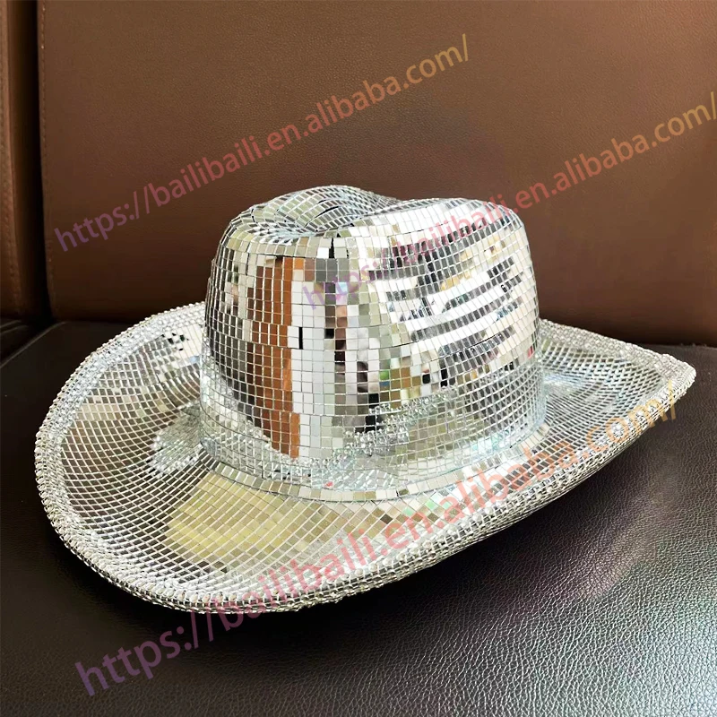 2023 Disco Ball Cowboy Hat Mirror Ball Hat Shiny Silver Cowgirl Hat 100