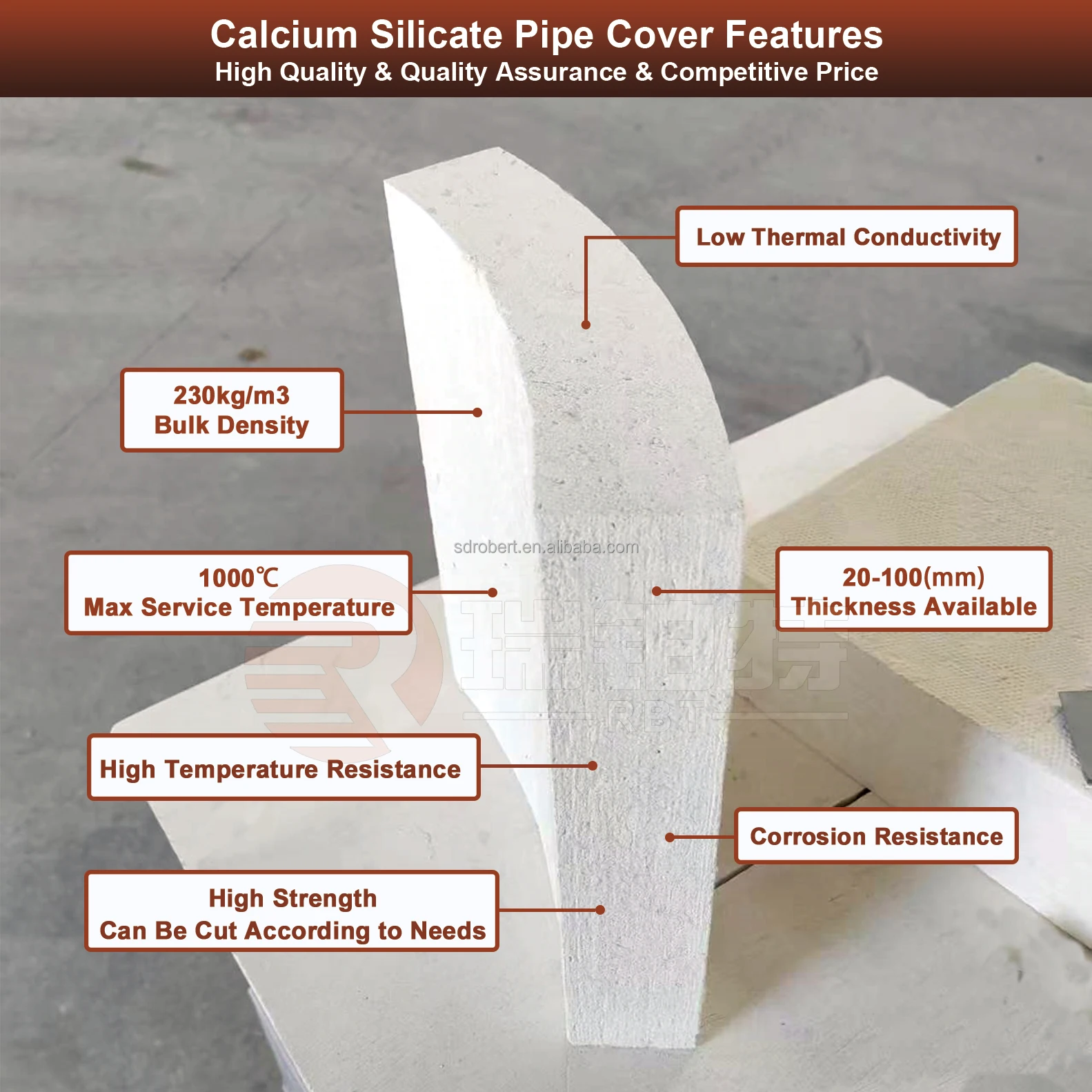 Industrial Thermal Insulation 1050C Calcium Silicate Pipe for Curved Segments