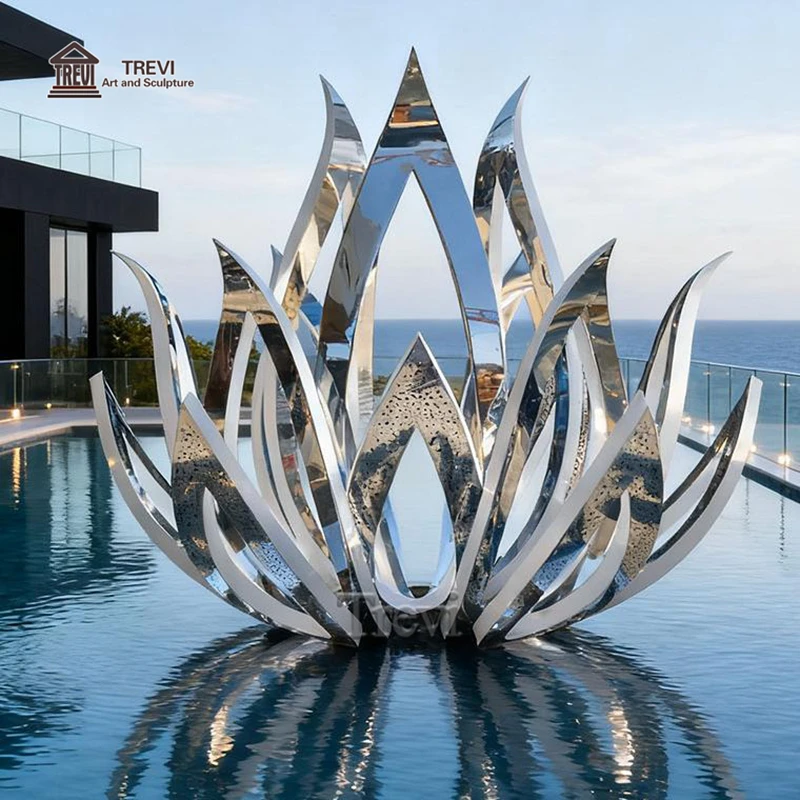 トレヴィ鏡面仕上げ金属製ガーデンスタチュー ステンレス鋼蓮の花彫刻