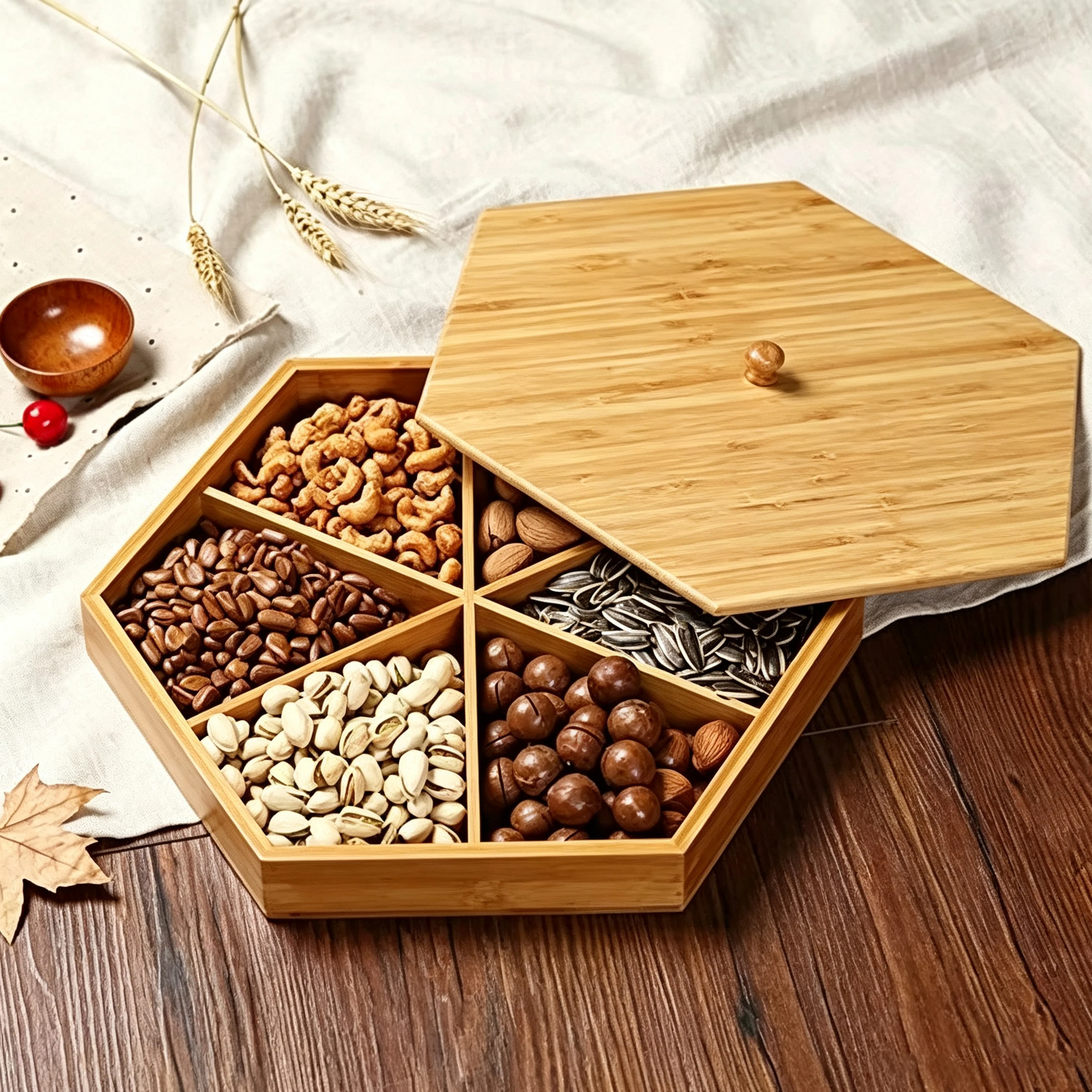 6 Compartments Bamboo Wooden Food Tray Snack Tray Set Nut and Candy Serving Tray with Cover